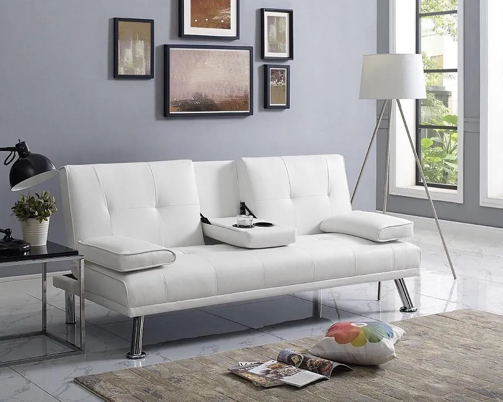 Great Quality Adalisa 66.2" Wide Faux Leather Pillow Top Arm Convertible Sofa with hidden armrest w/2 cup holders! White! Retails $540 
