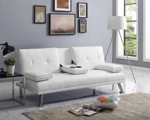Great Quality Adalisa 66.2" Wide Faux Leather Pillow Top Arm Convertible Sofa with hidden armrest w/2 cup holders! White! Retails $540 