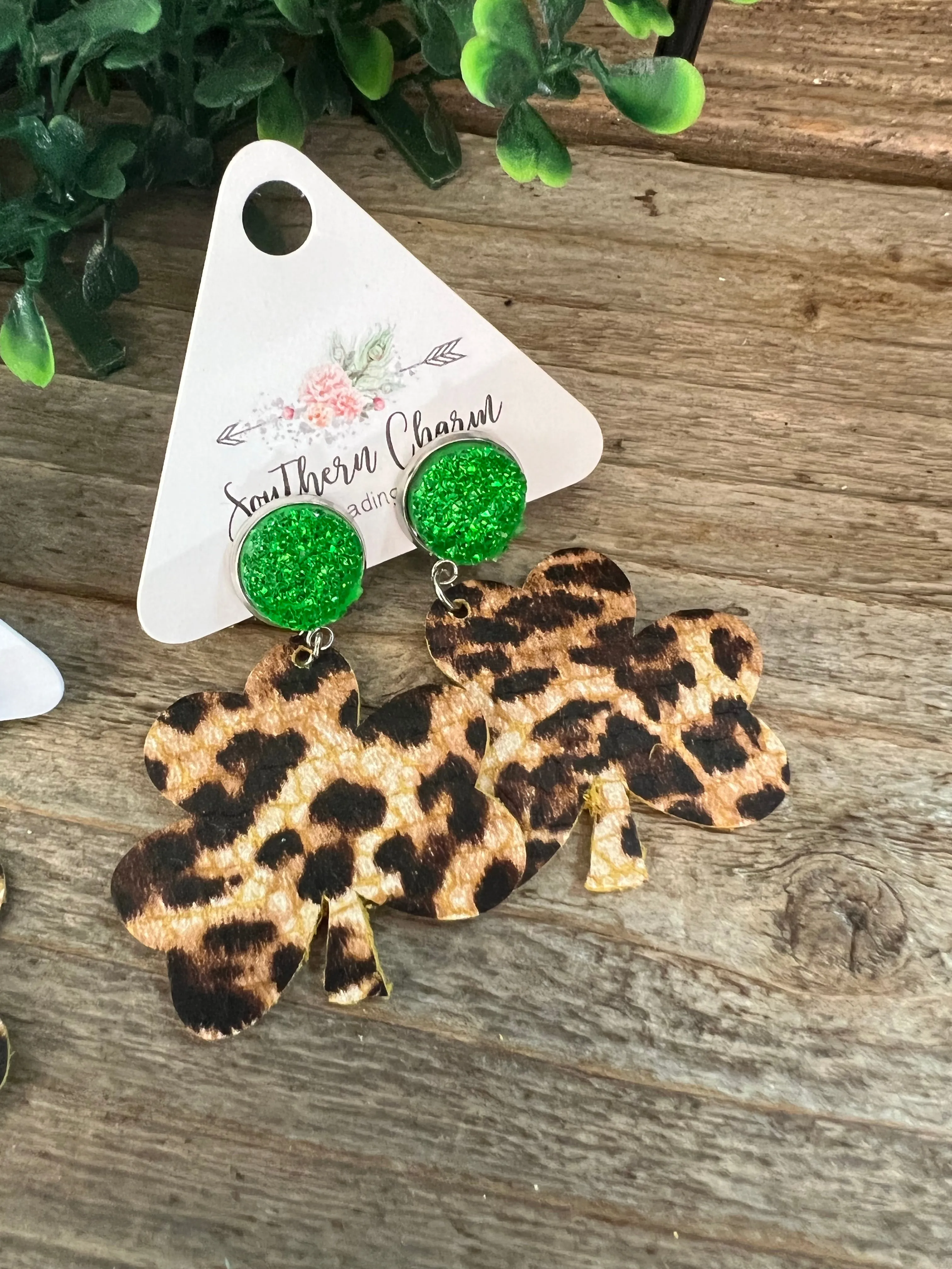 Green Druzy Leopard Shamrock Earrings