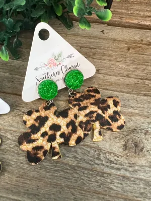 Green Druzy Leopard Shamrock Earrings