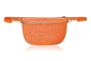 Handmade Italian Raffia and Leather Bum Bag: Orange