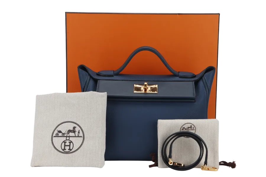 HERMES 24-24 29CM DEEP BLUE TAURILLON MAURICE VEAU SWIFT LEATHER GOLD HARDWARE STAMP Z (2021)  WITH STRAP, DUST COVER AND BOX
