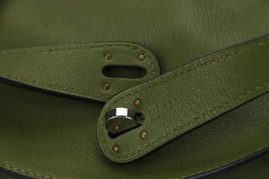 HERMES LINDY 34CM GREEN PELOUSE SWIFT LEATHER WITH SILVER HARDWARE STAMP M YEAR 2009 WITH DUST COVER AND BOX