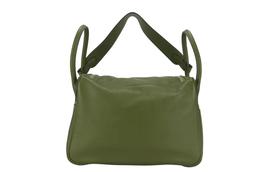 HERMES LINDY 34CM GREEN PELOUSE SWIFT LEATHER WITH SILVER HARDWARE STAMP M YEAR 2009 WITH DUST COVER AND BOX