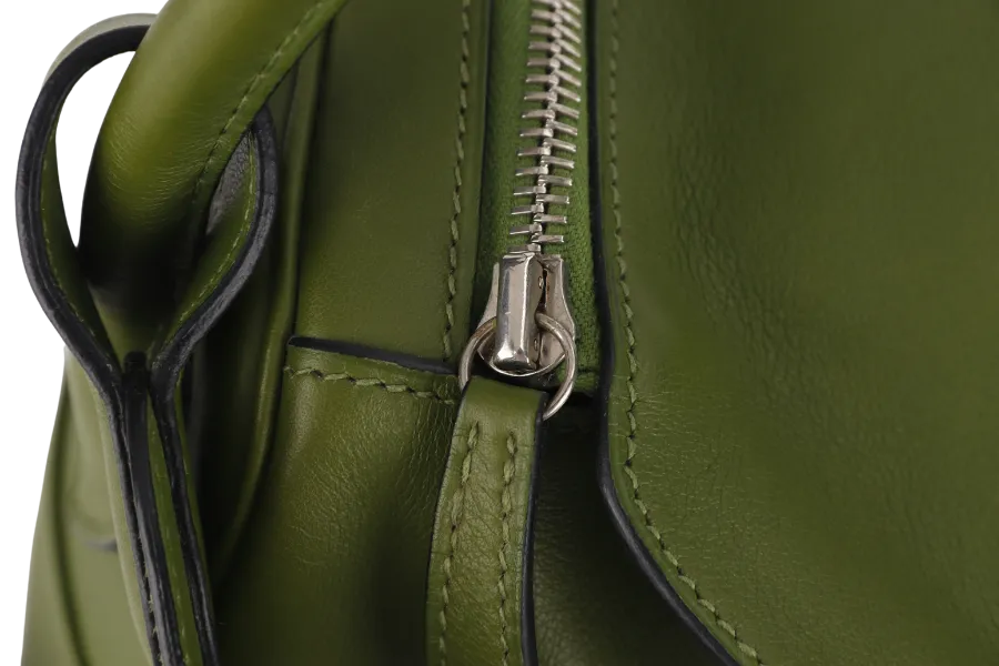 HERMES LINDY 34CM GREEN PELOUSE SWIFT LEATHER WITH SILVER HARDWARE STAMP M YEAR 2009 WITH DUST COVER AND BOX