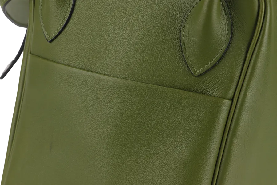 HERMES LINDY 34CM GREEN PELOUSE SWIFT LEATHER WITH SILVER HARDWARE STAMP M YEAR 2009 WITH DUST COVER AND BOX
