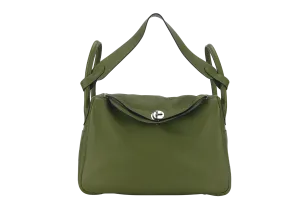 HERMES LINDY 34CM GREEN PELOUSE SWIFT LEATHER WITH SILVER HARDWARE STAMP M YEAR 2009 WITH DUST COVER AND BOX