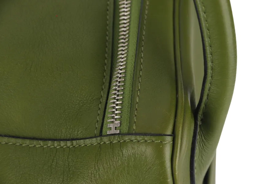 HERMES LINDY 34CM GREEN PELOUSE SWIFT LEATHER WITH SILVER HARDWARE STAMP M YEAR 2009 WITH DUST COVER AND BOX