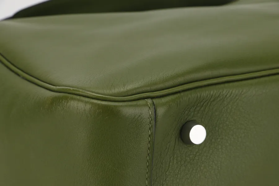 HERMES LINDY 34CM GREEN PELOUSE SWIFT LEATHER WITH SILVER HARDWARE STAMP M YEAR 2009 WITH DUST COVER AND BOX