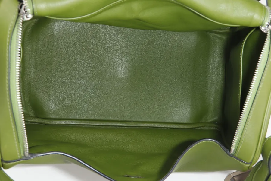 HERMES LINDY 34CM GREEN PELOUSE SWIFT LEATHER WITH SILVER HARDWARE STAMP M YEAR 2009 WITH DUST COVER AND BOX