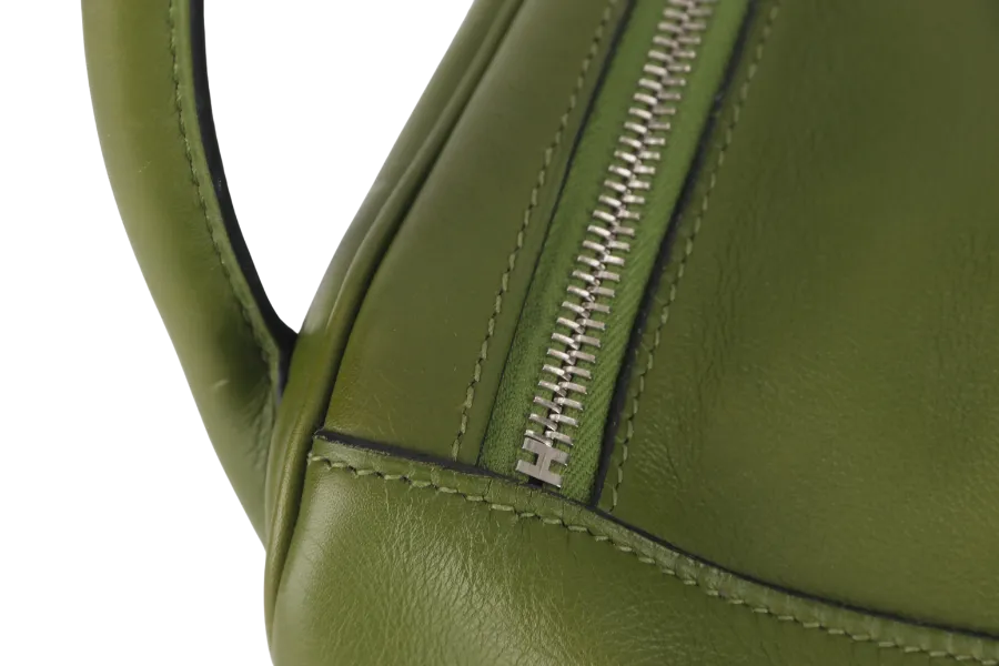 HERMES LINDY 34CM GREEN PELOUSE SWIFT LEATHER WITH SILVER HARDWARE STAMP M YEAR 2009 WITH DUST COVER AND BOX