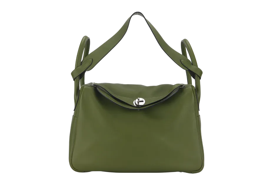 HERMES LINDY 34CM GREEN PELOUSE SWIFT LEATHER WITH SILVER HARDWARE STAMP M YEAR 2009 WITH DUST COVER AND BOX