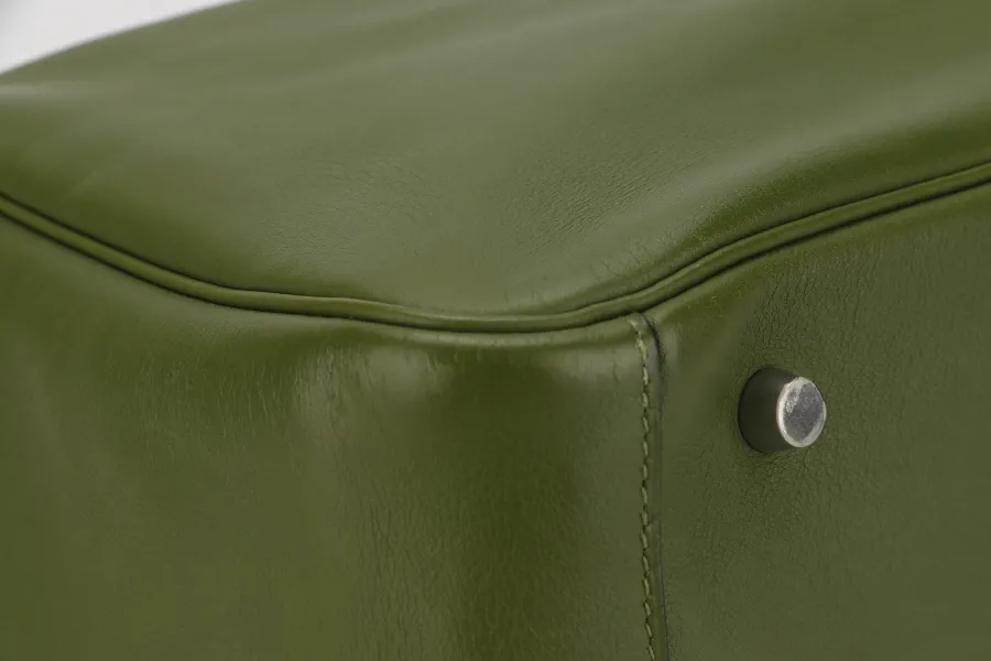 HERMES LINDY 34CM GREEN PELOUSE SWIFT LEATHER WITH SILVER HARDWARE STAMP M YEAR 2009 WITH DUST COVER AND BOX