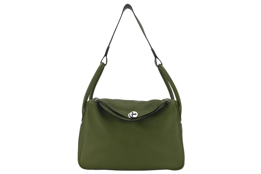 HERMES LINDY 34CM GREEN PELOUSE SWIFT LEATHER WITH SILVER HARDWARE STAMP M YEAR 2009 WITH DUST COVER AND BOX