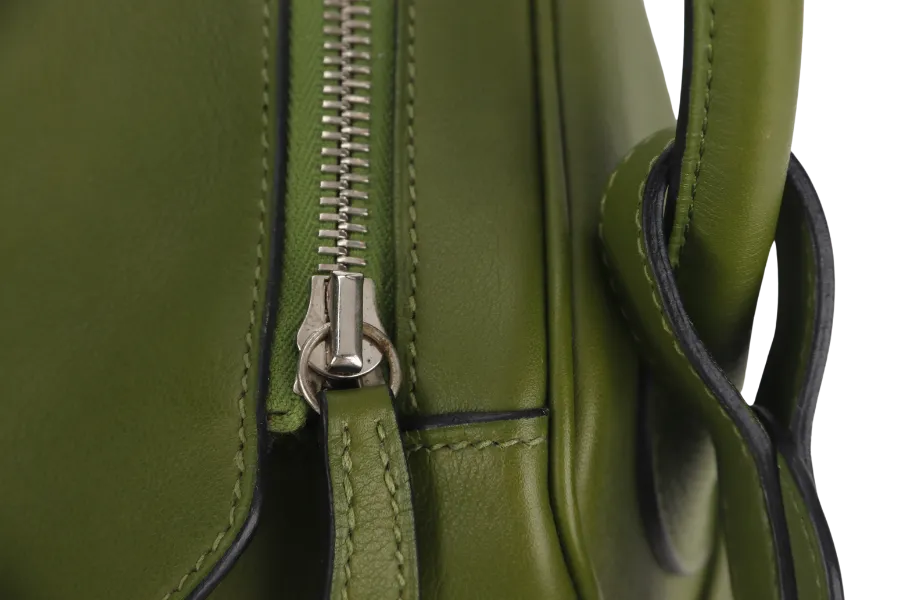 HERMES LINDY 34CM GREEN PELOUSE SWIFT LEATHER WITH SILVER HARDWARE STAMP M YEAR 2009 WITH DUST COVER AND BOX
