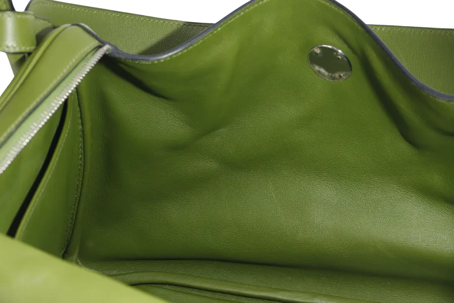 HERMES LINDY 34CM GREEN PELOUSE SWIFT LEATHER WITH SILVER HARDWARE STAMP M YEAR 2009 WITH DUST COVER AND BOX