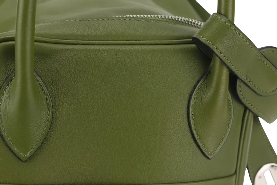 HERMES LINDY 34CM GREEN PELOUSE SWIFT LEATHER WITH SILVER HARDWARE STAMP M YEAR 2009 WITH DUST COVER AND BOX