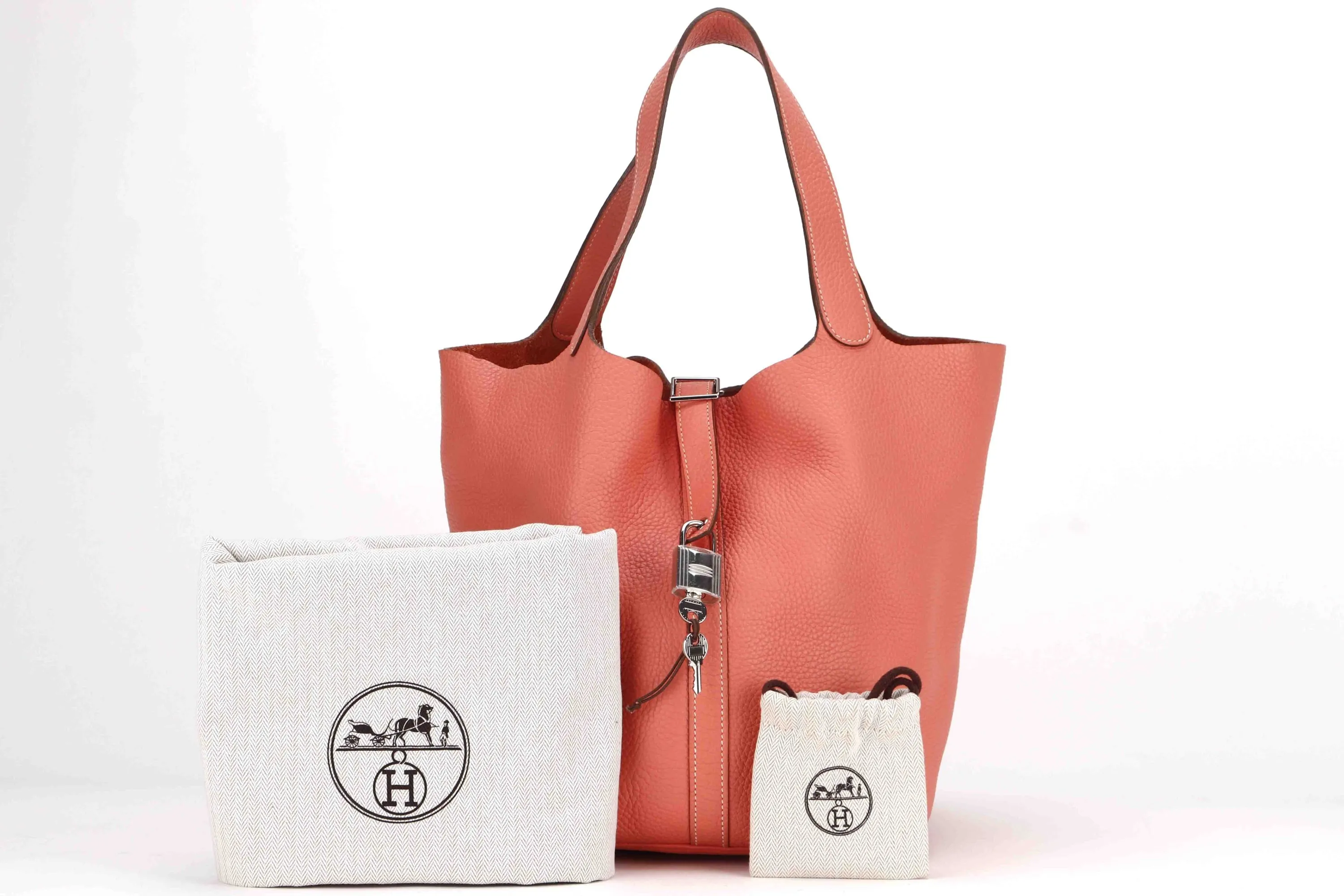 HERMES PICOTIN 26CM (STAMP Q) CREVETTE COLOR CLEMENCE LEATHER SILVER HARDWAR, WITH LOCK, KEYS & DUST COVER