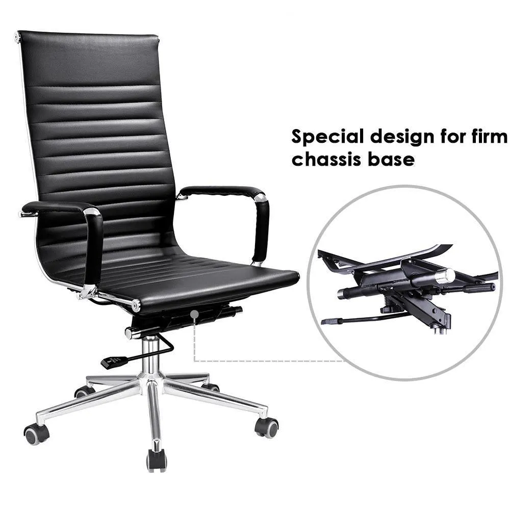 High Back Ribbed PU Leather Swivel Office Computer Desk Black XL