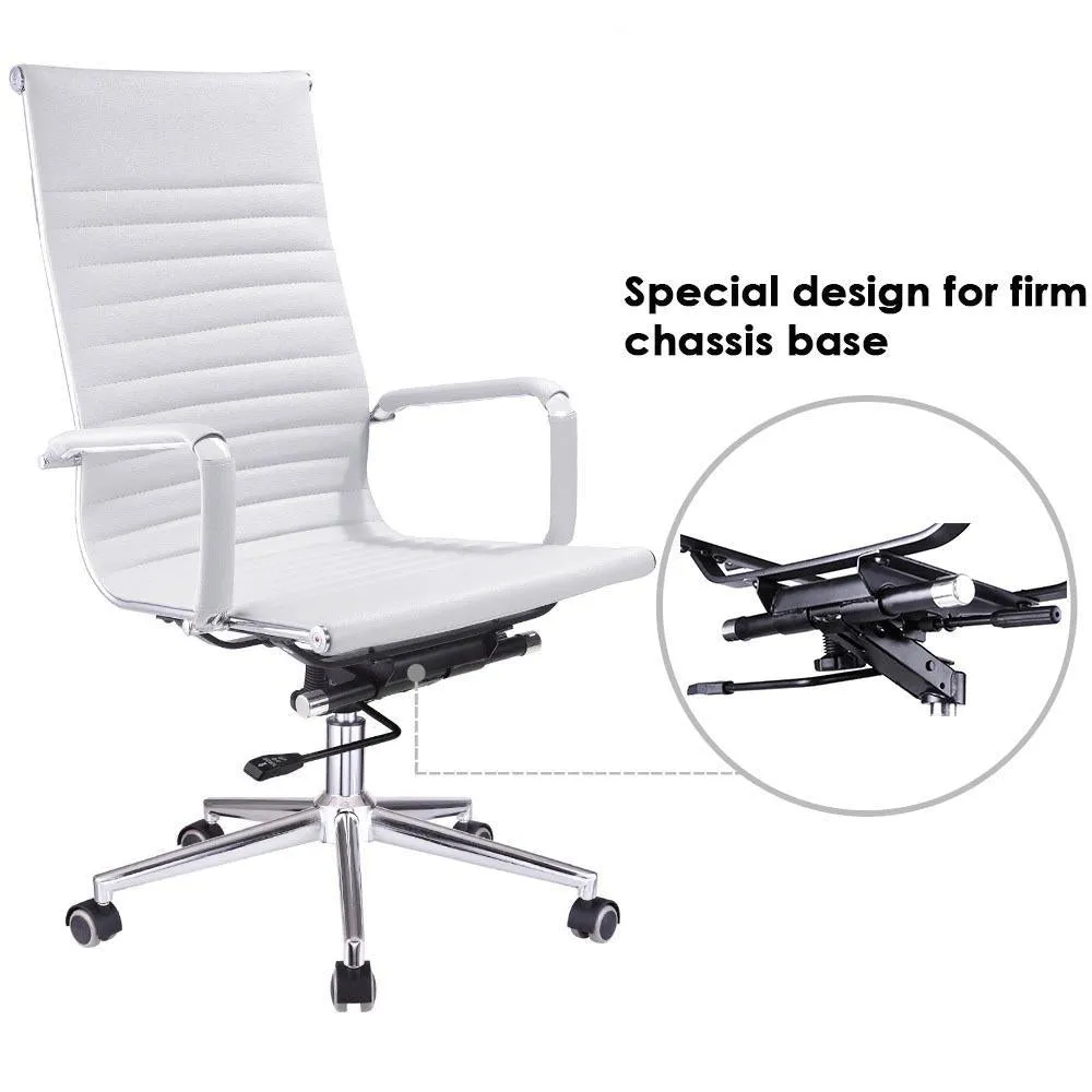 High Back Ribbed PU Leather Swivel Office Computer Desk White XL