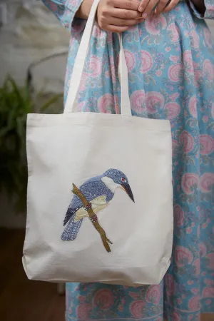 Ivory tote bag with a 3D embroidered Blue Jay