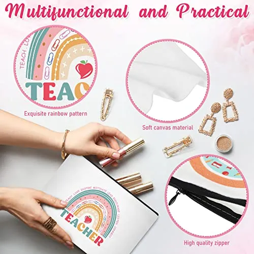 Kajaia 24 Pieces Teacher Appreciation Gifts Bulk Teacher Cosmetic Bags Rainbow Canvas Makeup Bag Toiletry Pouch with Zipper Thank You Gift for Women Christmas Graduation(Cute)