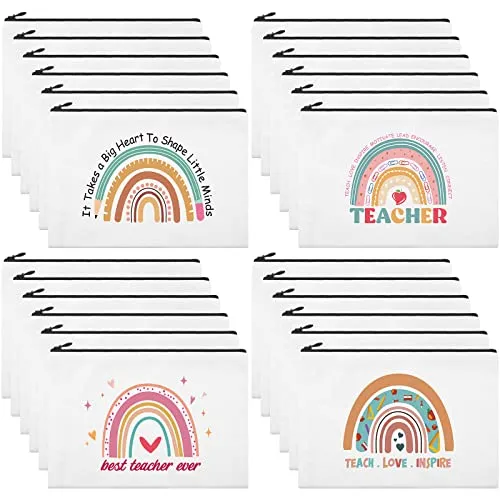 Kajaia 24 Pieces Teacher Appreciation Gifts Bulk Teacher Cosmetic Bags Rainbow Canvas Makeup Bag Toiletry Pouch with Zipper Thank You Gift for Women Christmas Graduation(Cute)