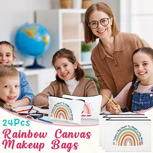 Kajaia 24 Pieces Teacher Appreciation Gifts Bulk Teacher Cosmetic Bags Rainbow Canvas Makeup Bag Toiletry Pouch with Zipper Thank You Gift for Women Christmas Graduation(Cute)