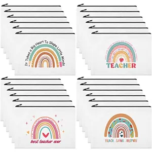Kajaia 24 Pieces Teacher Appreciation Gifts Bulk Teacher Cosmetic Bags Rainbow Canvas Makeup Bag Toiletry Pouch with Zipper Thank You Gift for Women Christmas Graduation(Cute)