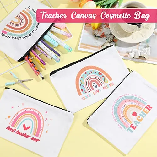 Kajaia 24 Pieces Teacher Appreciation Gifts Bulk Teacher Cosmetic Bags Rainbow Canvas Makeup Bag Toiletry Pouch with Zipper Thank You Gift for Women Christmas Graduation(Cute)