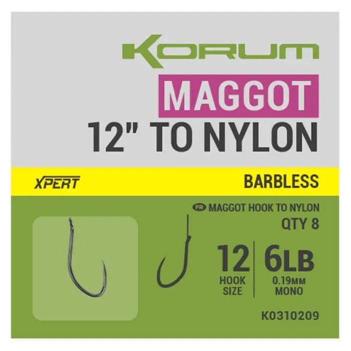 Korum Xpert Maggot Hooks To Nylon 12"