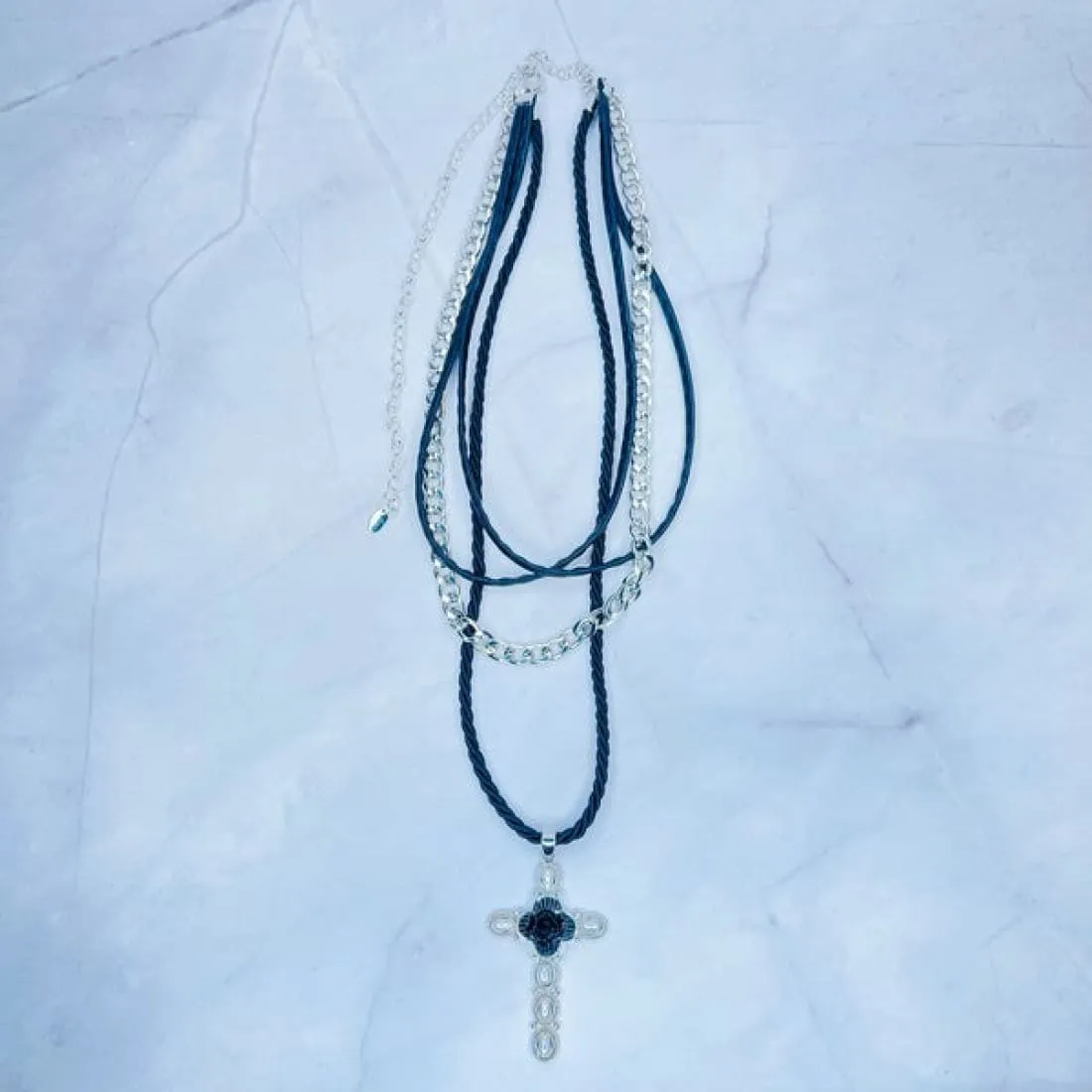Layered Black Rose Cross Necklace