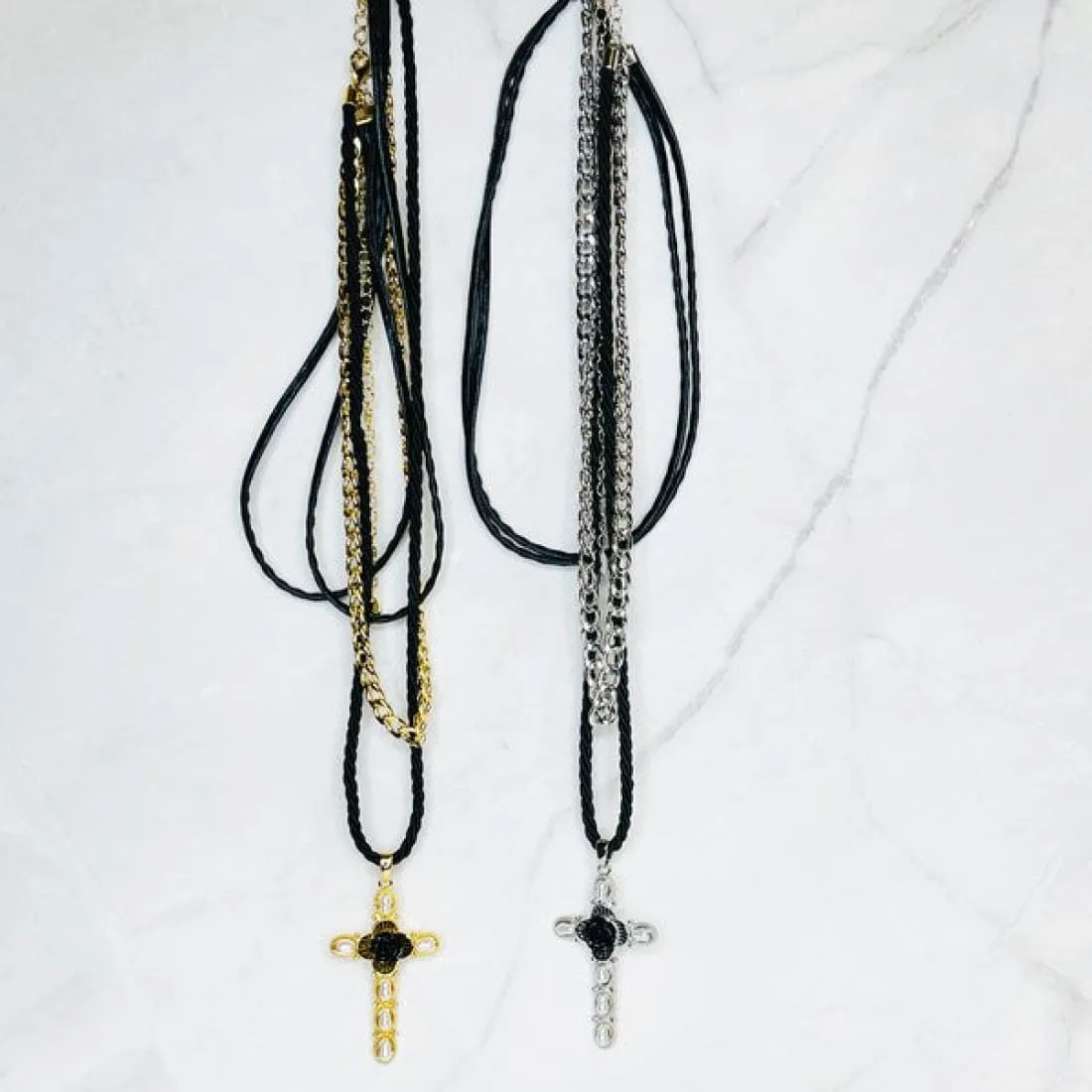 Layered Black Rose Cross Necklace