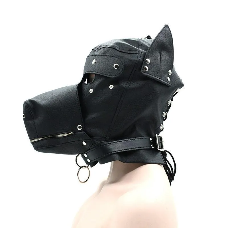 Leather SM Hood Dog Mask Head Harness Collar Leash Mouth Gag Bondage Blindfold Sex Toys For Couple