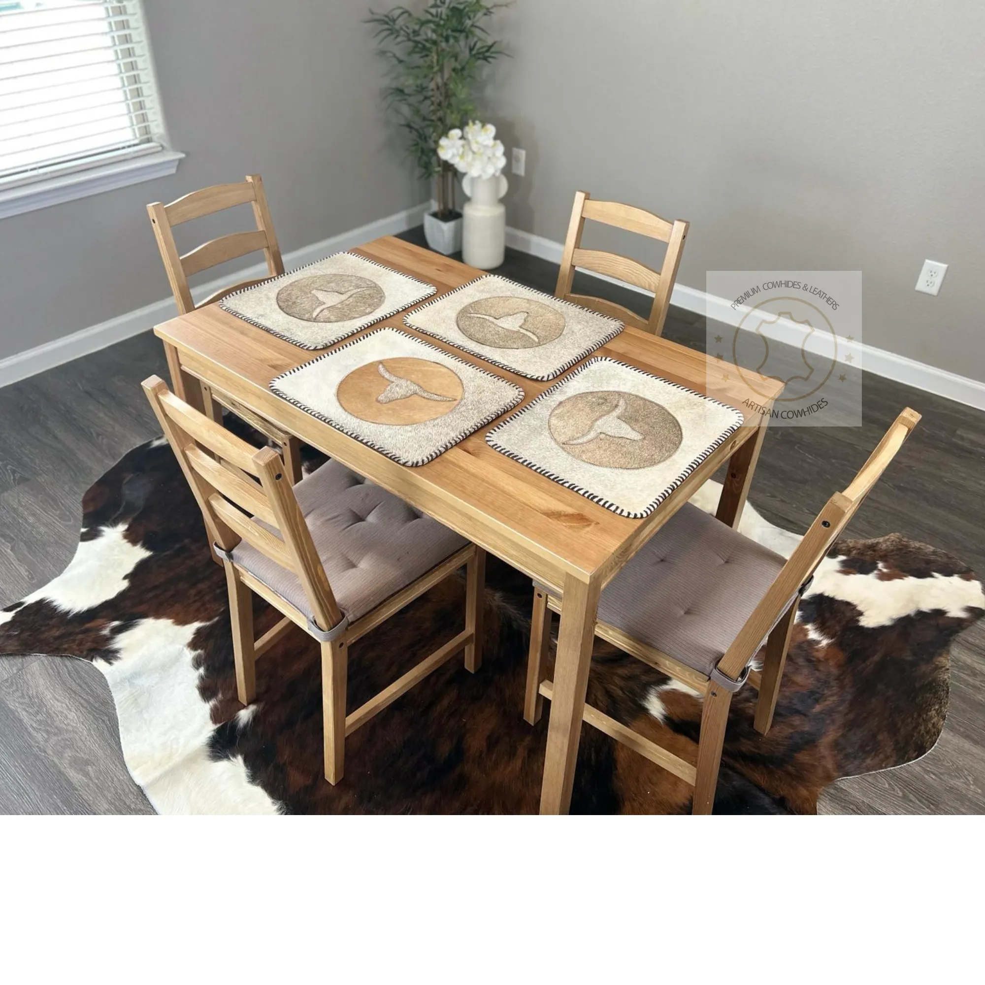 Light Brown & Gray Cowhide Placemats - Longhorn Design - 17"x14"- Set of two, four, six mats