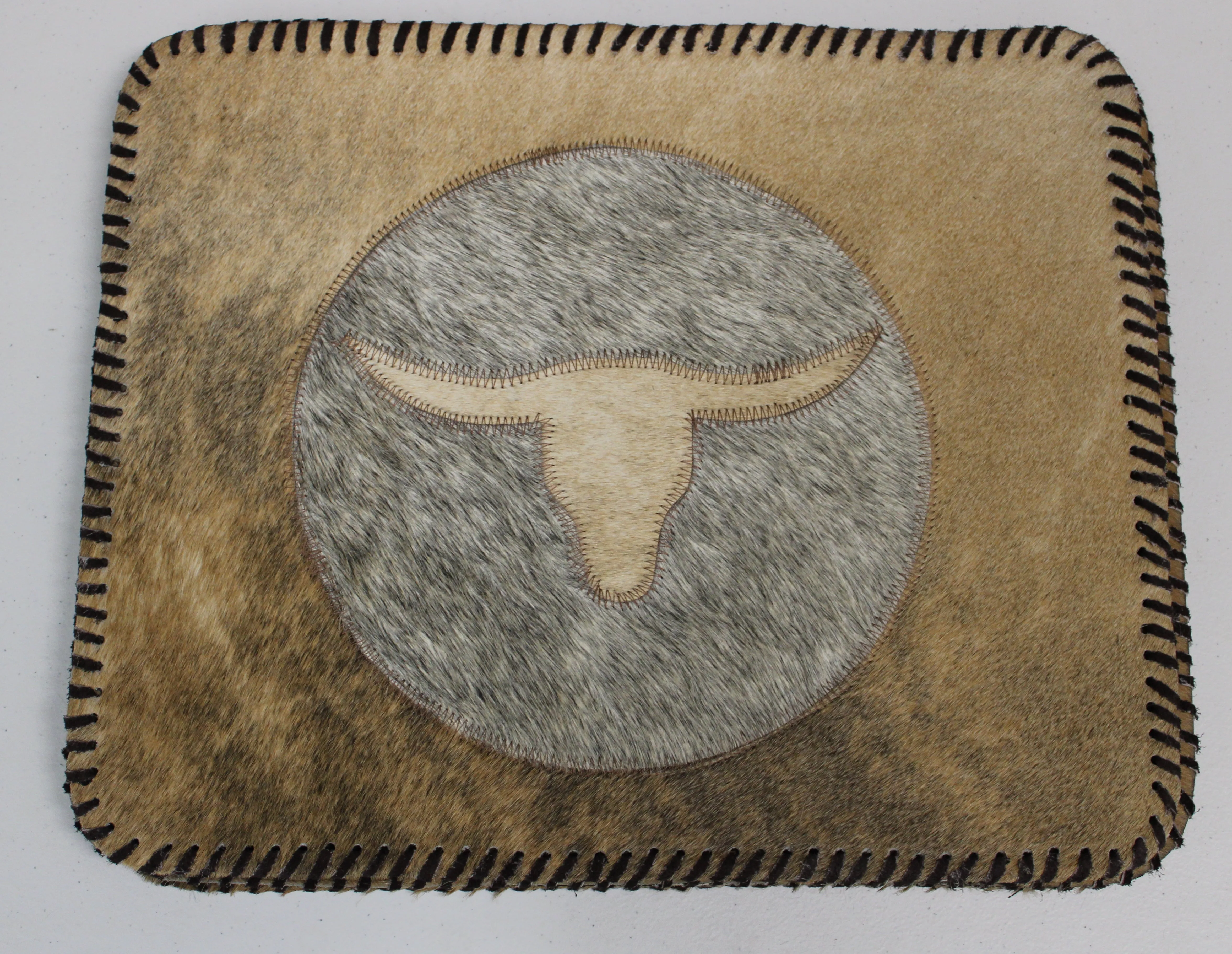 Light Brown & Gray Cowhide Placemats - Longhorn Design - 17"x14"- Set of two, four, six mats