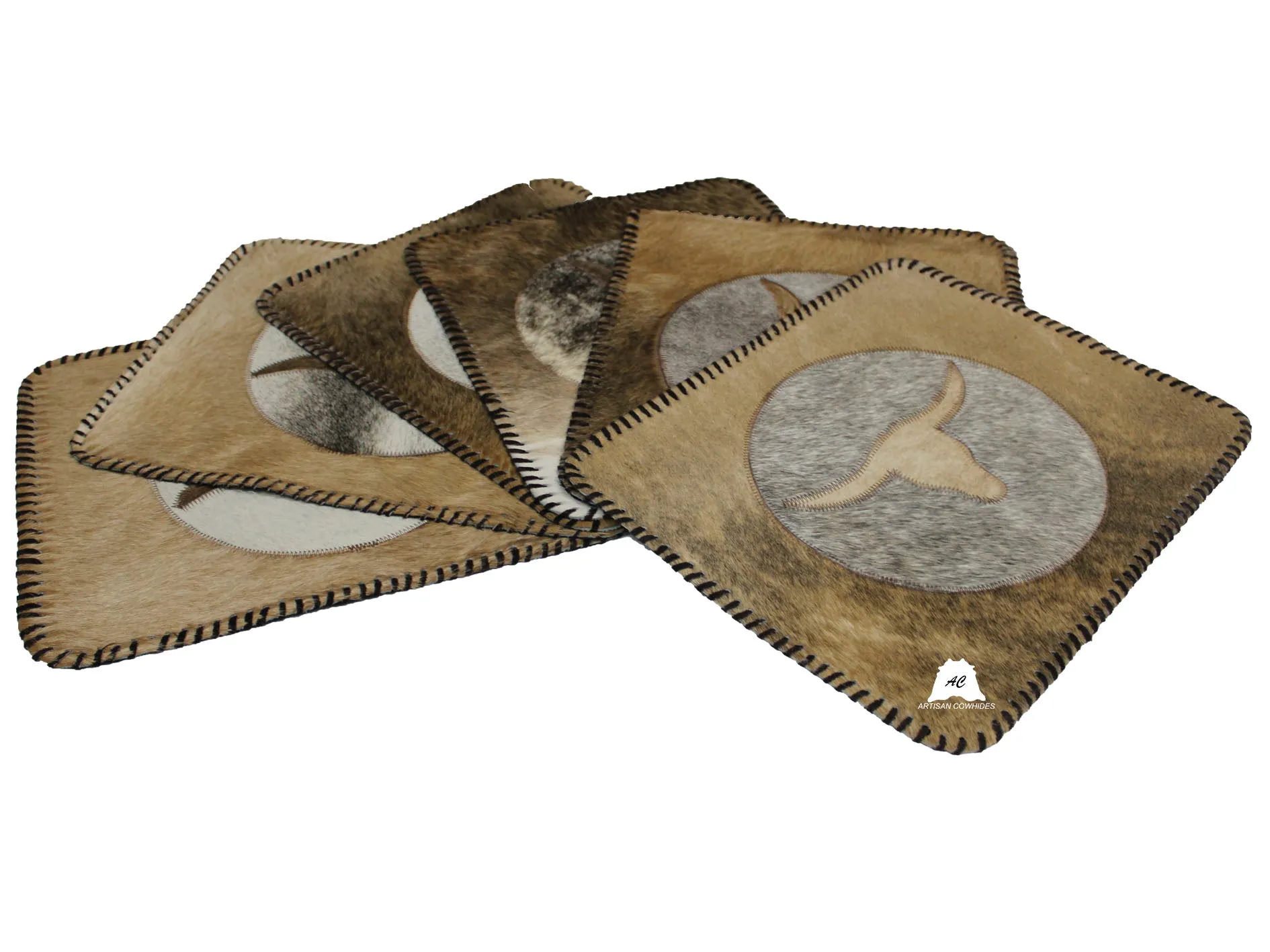 Light Brown & Gray Cowhide Placemats - Longhorn Design - 17"x14"- Set of two, four, six mats