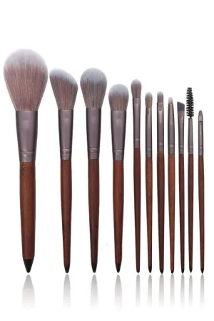 Luxe Brown Wooden Professional Makeup Brush Set - 11 Pcs