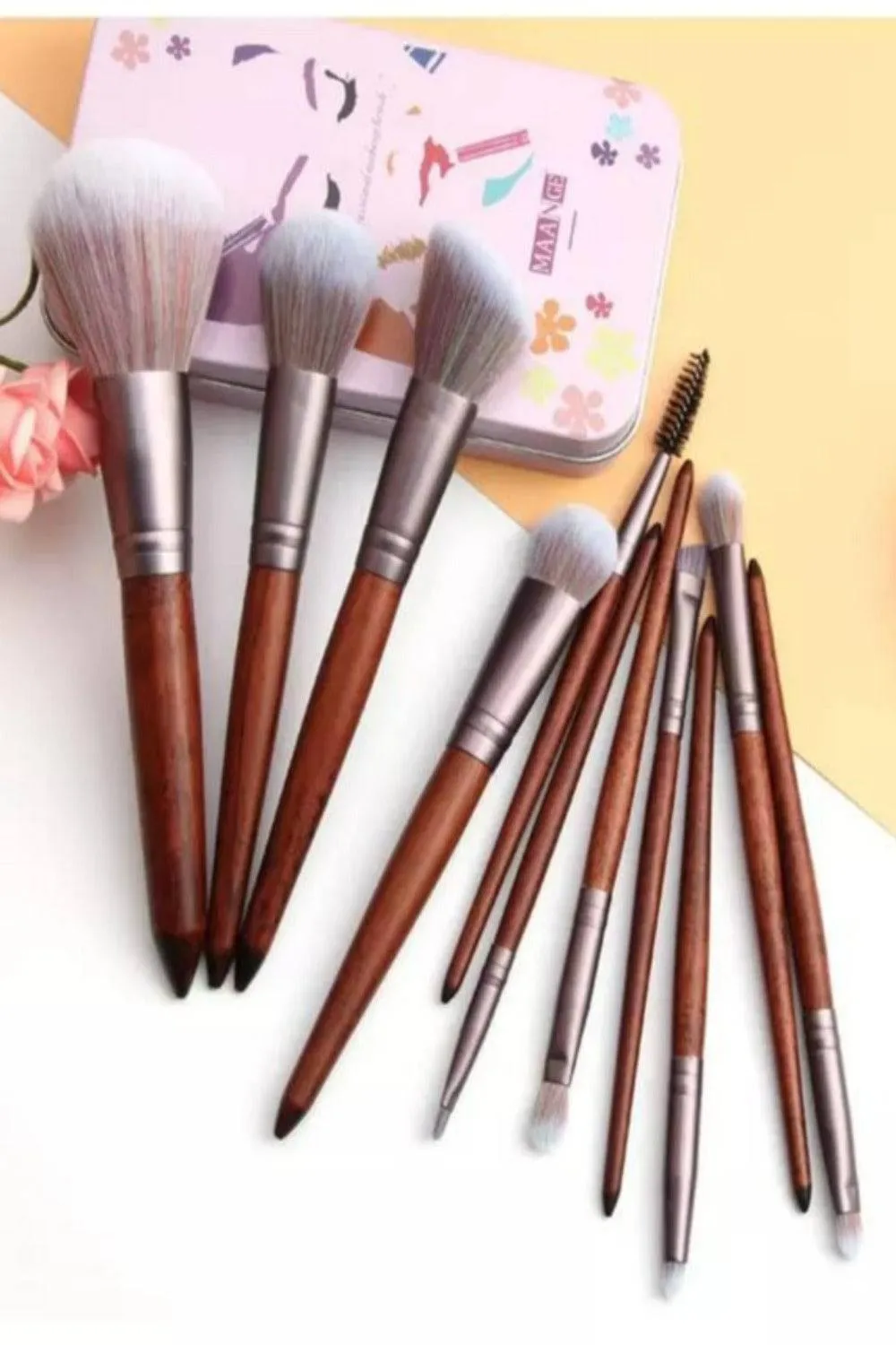 Luxe Brown Wooden Professional Makeup Brush Set - 11 Pcs