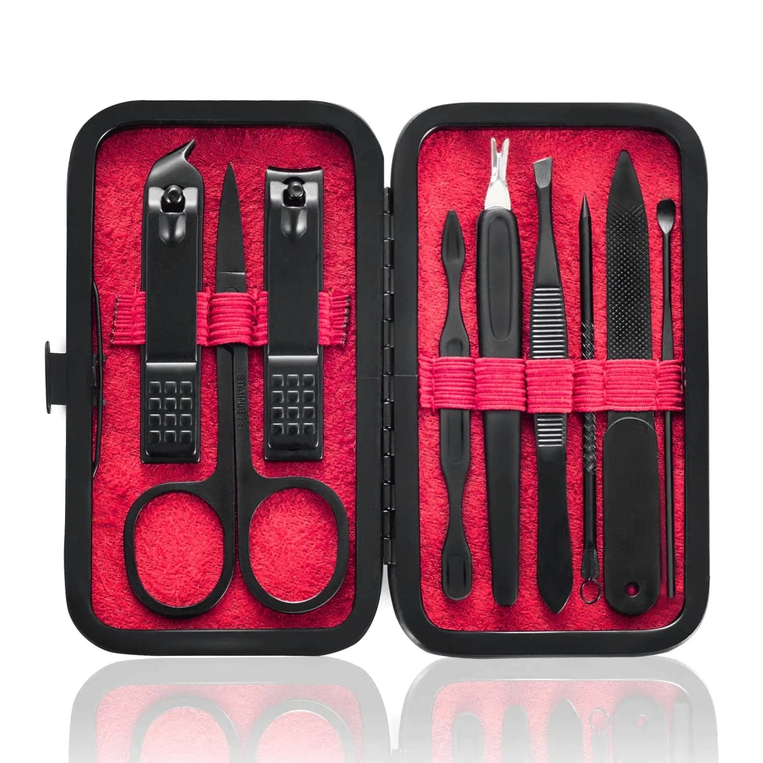 Manicure Set 9 in 1 Stainless Steel, Nail Clippers Scissors Pedicure Tools Kit - Portable Travel Grooming Kit for Men and Women with Black/Blue Leather Case (Blue)