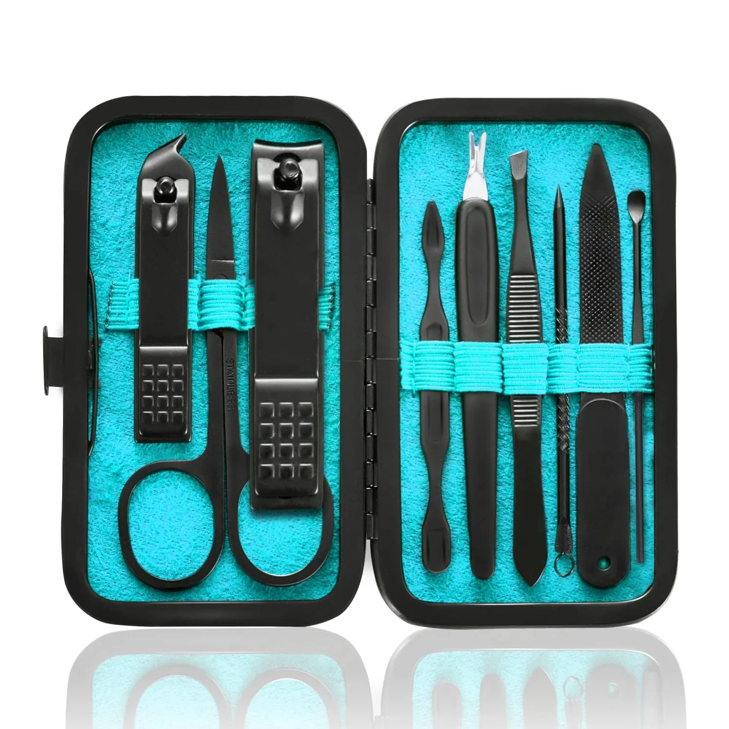 Manicure Set 9 in 1 Stainless Steel, Nail Clippers Scissors Pedicure Tools Kit - Portable Travel Grooming Kit for Men and Women with Black/Blue Leather Case (Blue)