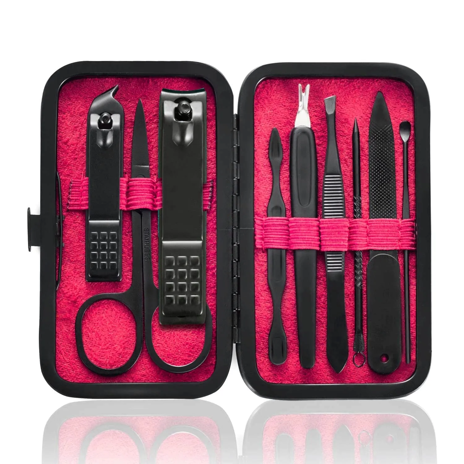 Manicure Set 9 in 1 Stainless Steel, Nail Clippers Scissors Pedicure Tools Kit - Portable Travel Grooming Kit for Men and Women with Black/Blue Leather Case (Blue)