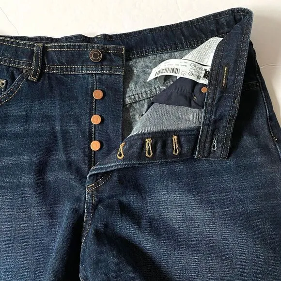 Massimo Dutti Denim Shorts 10 Blue Dark Wash Button Fly Faux Leather Pocket NWT