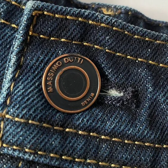 Massimo Dutti Denim Shorts 10 Blue Dark Wash Button Fly Faux Leather Pocket NWT