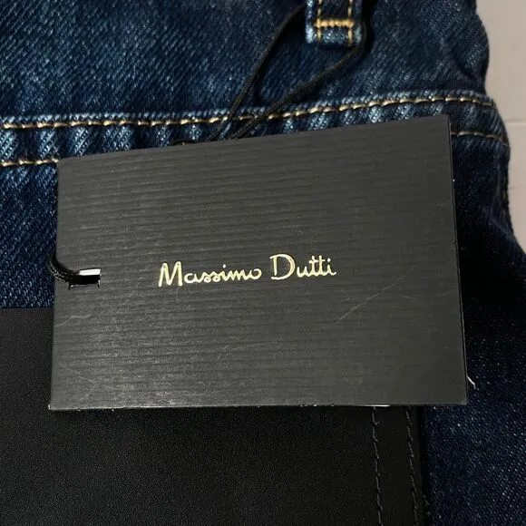 Massimo Dutti Denim Shorts 10 Blue Dark Wash Button Fly Faux Leather Pocket NWT