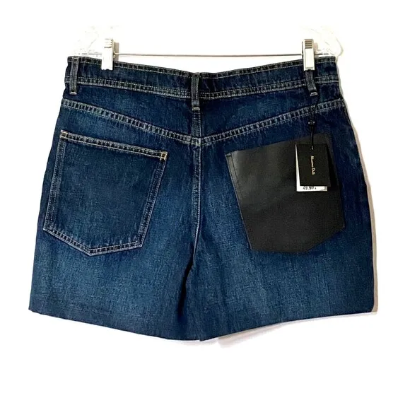 Massimo Dutti Denim Shorts 10 Blue Dark Wash Button Fly Faux Leather Pocket NWT