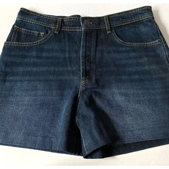 Massimo Dutti Denim Shorts 10 Blue Dark Wash Button Fly Faux Leather Pocket NWT