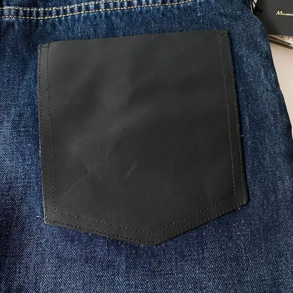 Massimo Dutti Denim Shorts 10 Blue Dark Wash Button Fly Faux Leather Pocket NWT