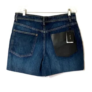Massimo Dutti Denim Shorts 10 Blue Dark Wash Button Fly Faux Leather Pocket NWT