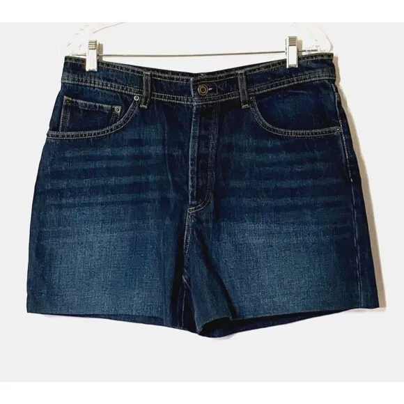Massimo Dutti Denim Shorts 10 Blue Dark Wash Button Fly Faux Leather Pocket NWT
